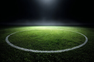Obraz premium A brightly lit football field center circle with lush green grass and crisp white boundary lines.