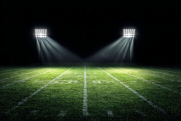 Illuminated football field with bright stadium lights casting beams over the marked green turf at night.