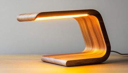Wooden desk lamp with LED strip, warm yellow light and rounded edges for a comfortable workplace environment