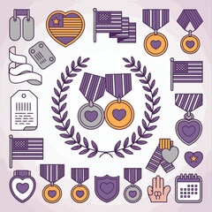 A respectful and meaningful EPS vector illustration set for Purple Heart Day, featuring hand-drawn icons and patriotic symbols that represent honor, sacrifice, and military recognition