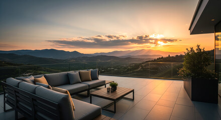 Obraz premium Luxury patio seating with mountain sunset view