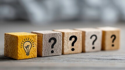 Colorful Wooden Blocks with Question Marks and Light Bulb Icon in Row on Wooden Surface
