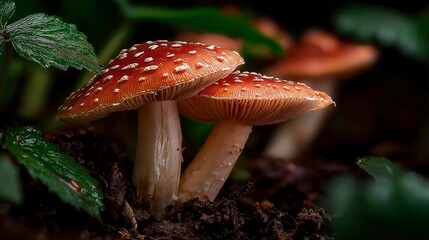 Brown Mushrooms Growing in Dark Soil with Green Leaves