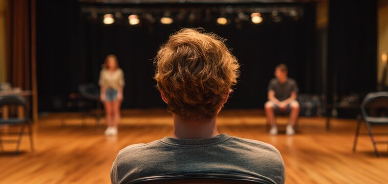 The actors prepare for a rehearsal in a theater space with focused energy.