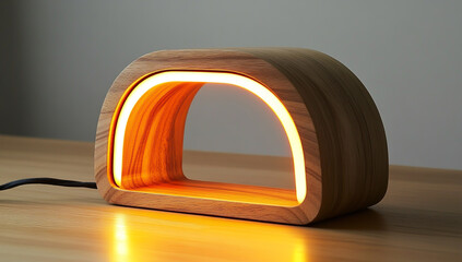 Wooden desk lamp with LED strip, warm yellow light and rounded edges for a comfortable workplace environment