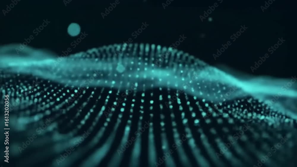 Poster abstract visualization of an undulating surface formed by interconnected blue dots against a dark ba