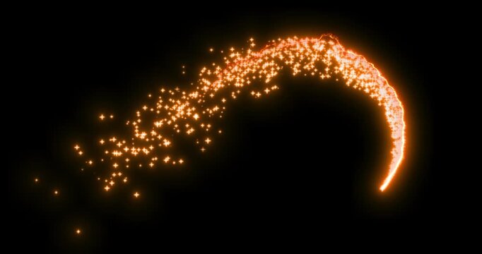 The flight path of a bright firework flying across the night sky, leaving behind a long trail of sparkling lights and smoke. Abstract comet.