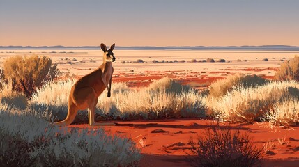 A kangaroo stands in a vibrant Australian landscape at sunset, surrounded by desert flora and distant hills