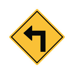 Yellow road sign isolated on white, a caution symbol with an arrow indicating a turn, perfect for traffic and direction warnings minimalist flat design of do not turn left sign silhouette vector icon 