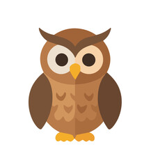 A cute cartoon illustration of a brown owl with large eyes and a yellow beak.