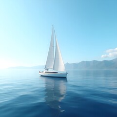 A majestic white sailboat with full sails navigating the serene, calm blue waters of the open ocean on a beautiful sunny day.
