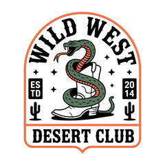 Green snake coiled around white cowboy boot with wild west desert club text serpent