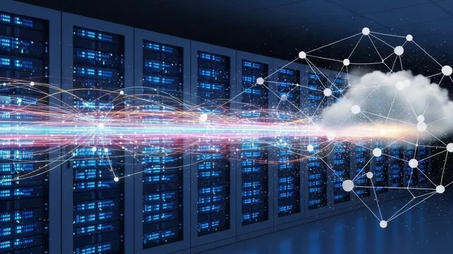Visually Stunning Representation of Data Transfer Between Servers and Cloud Computing, Illustrating High-Speed Connectivity and Modern Technology's Impact on Cloud Services