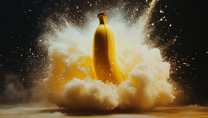 A high-speed image of a yellow and white banana exploding in mid-air.