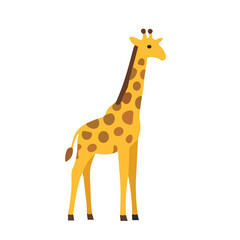 Fototapeta premium A charming cartoon illustration of a tall yellow giraffe with distinctive brown spots standing upright on a clean white background.