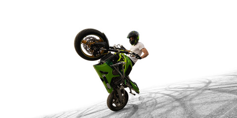 Moto stunt riding biker isolated on white background.