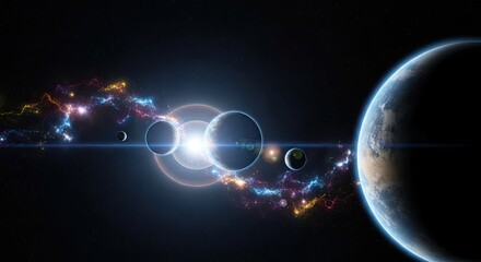 Planets align in a cosmic dance amidst a vibrant nebula in deep space