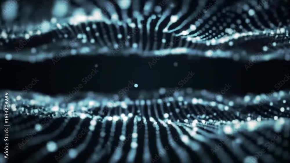 Poster abstract digital art depicting flowing lines of light with glowing orbs, creating a sense of depth a