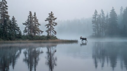 Majestic moose standing in tranquil misty lake surrounded by tall trees at dawn, serene nature scene