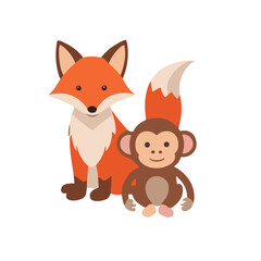 Obraz premium Illustration of a friendly fox and a charming monkey standing together, smiling.