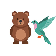 Naklejka premium A cute cartoon hummingbird gently touches the nose of a friendly brown bear cub.