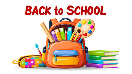 An illustration of a back-to-school scene features a large, open orange backpack filled with colorful school supplies, including books, pencils, a ruler, and a paint palette.