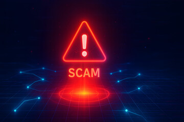 Red triangular warning icon with glowing "SCAM" text on a tech-themed background, great for fraud prevention and online security topics.
