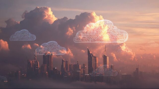 Digital clouds overlaying city skyline at sunset with pastel colors  