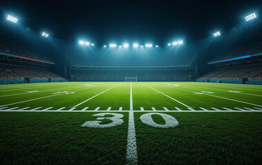 Empty Football Stadium Field with Yard Lines and Bright Lights at Night