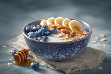 Oatmeal with bananas, blueberries in a blue bowl. Generative AI