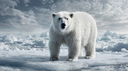 Majestic polar bear standing on a melting ice floe, surrounded by a vast, icy landscape under a cloudy sky