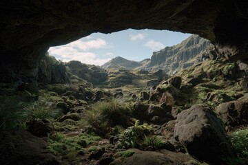 Cave opening reveals lush, rocky landscape