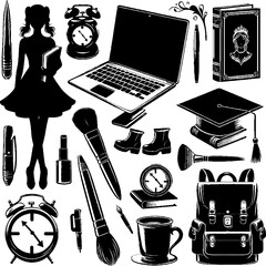 Silhouette of woman with school supplies and study elements in black  