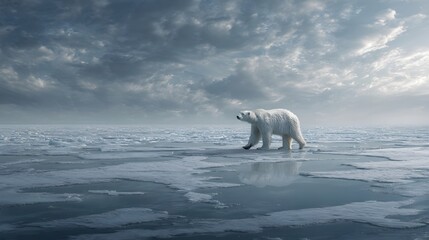 A solitary polar bear walking across a melting ice landscape under a dramatic cloudy sky