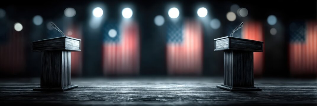 Debate stage setup with two wooden podiums and American flags illuminated by spotlights