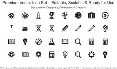 Black and white vector icons for education science and business