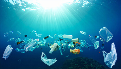 Ocean of Pollution: An alarming visual of a sea filled with plastic waste, highlighting the dire state of marine pollution. An emotional portrayal of the impact on the oceans.