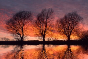 Obraz premium Silhouetted trees at sunset reflecting on water