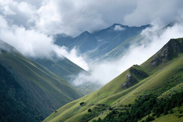 breathtaking mountain ridge in kyrgyzstan enveloped in mist and fog where natural curves enhance majestic landscape