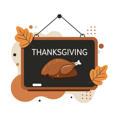 Isolated colorful image of turkey decorated with autumn leaves on chalkboard, on white background, for Thanksgiving