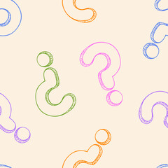 Obraz premium Seamless pattern of question marks drawn in sketch style. Colorful outline drawings on beige background. Customer service, presentation, conversation, communication, faq help concept
