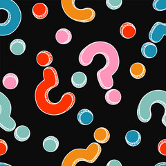 Colorful question marks on black background. Outline drawings in sketch style seamless pattern. Customer service, communication, faq help concept