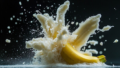 A high-speed image of a yellow and white banana exploding in mid-air.