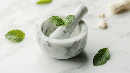 Marble mortar and pestle with fresh green mint leaves on white table