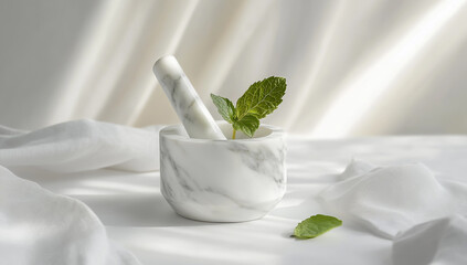 Marble mortar and pestle with fresh green mint leaves on white table