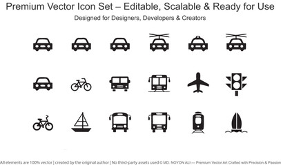 Black transportation icons on white background automobile