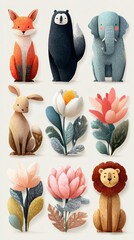 Cute animal and flower illustrations arranged in a colorful grid for playful decor