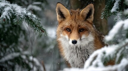 Majestic red fox standing in a snowy forest, observing its surroundings with keen interest