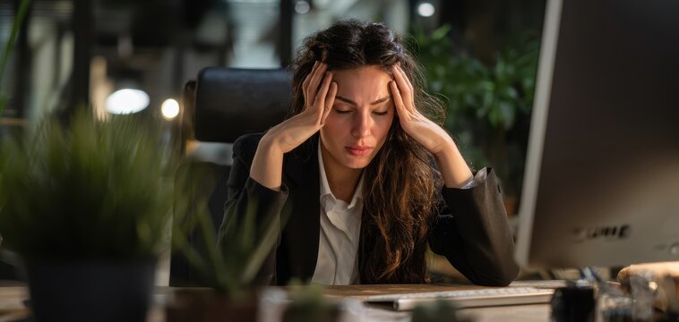 The overwhelmed woman at her desk grappling with workplace stress and fatigue.