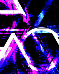 Grunge fractal glitch art background. Black, white, blue, pink abstract texture.